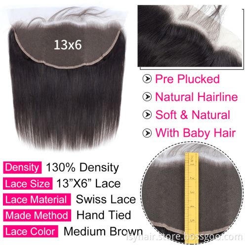 Deals 13x6 Lace Frontal Closure With 3 Straight Hair Bundles, Pre Plucked Remy Brazilian Human Hair Bundles With 13*6 Frontal